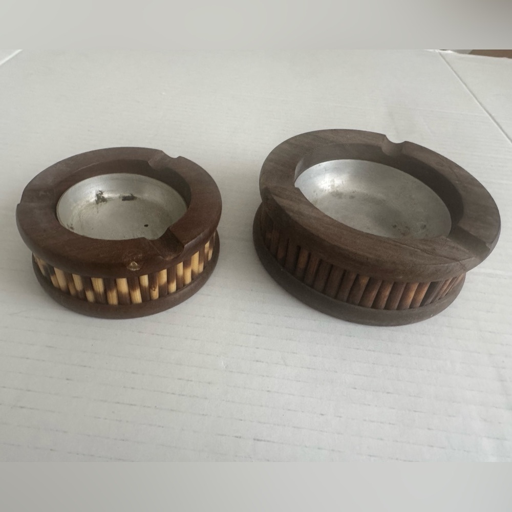 Vintage Era 1950’s Wooden Ashtray Set with Silver inserts